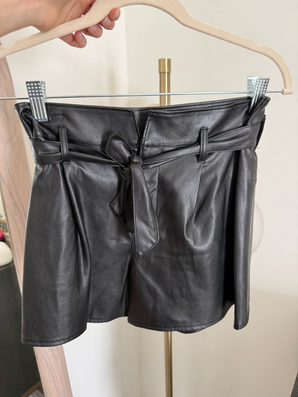PAIGE Black Faux Leather Paperbag High-Waist Shorts with Tie